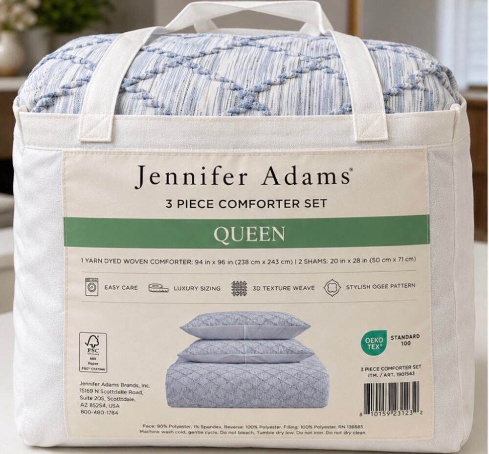 Jennifer Adams Queen 3-Piece Comforter Set – Blue & White Textured